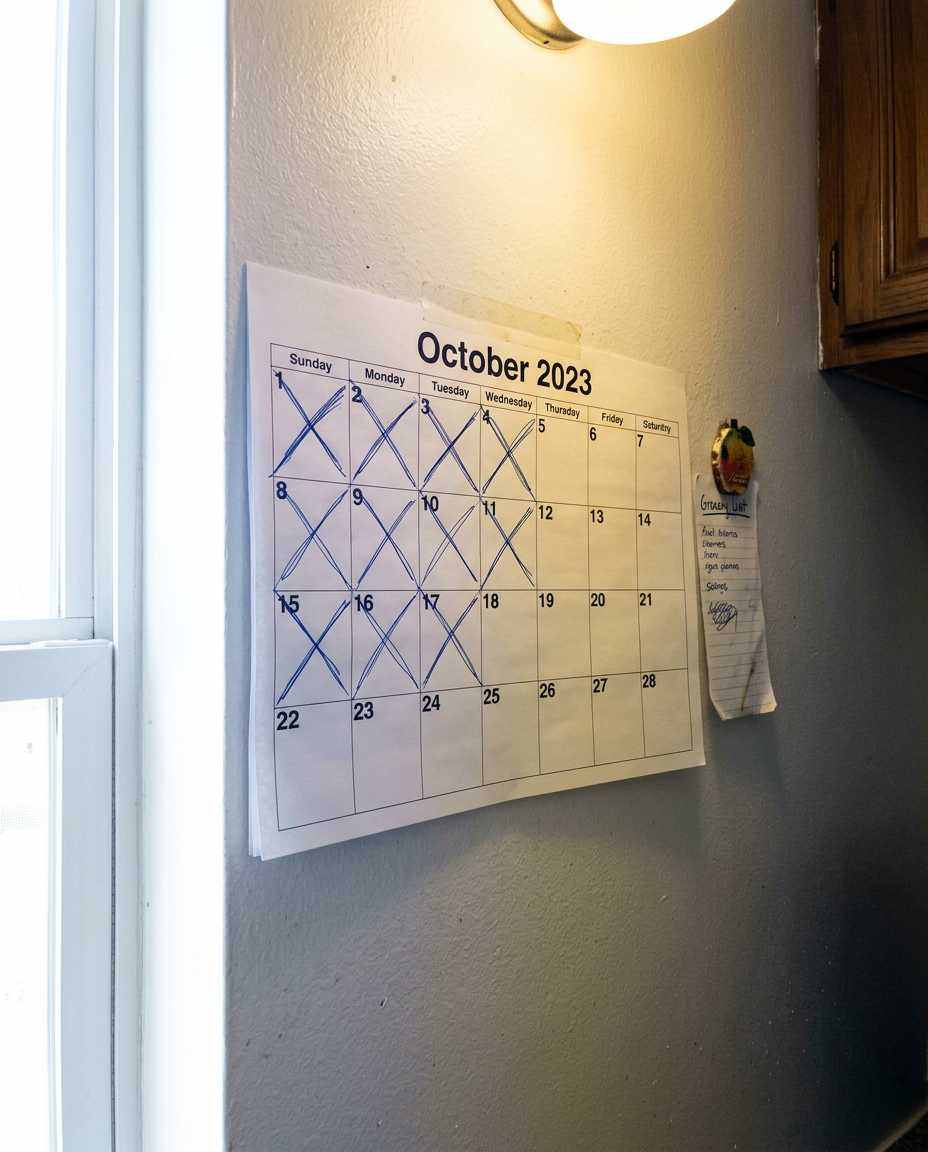 A wall calendar with the first twenty-one days crossed out in pen and the rest of the month left blank