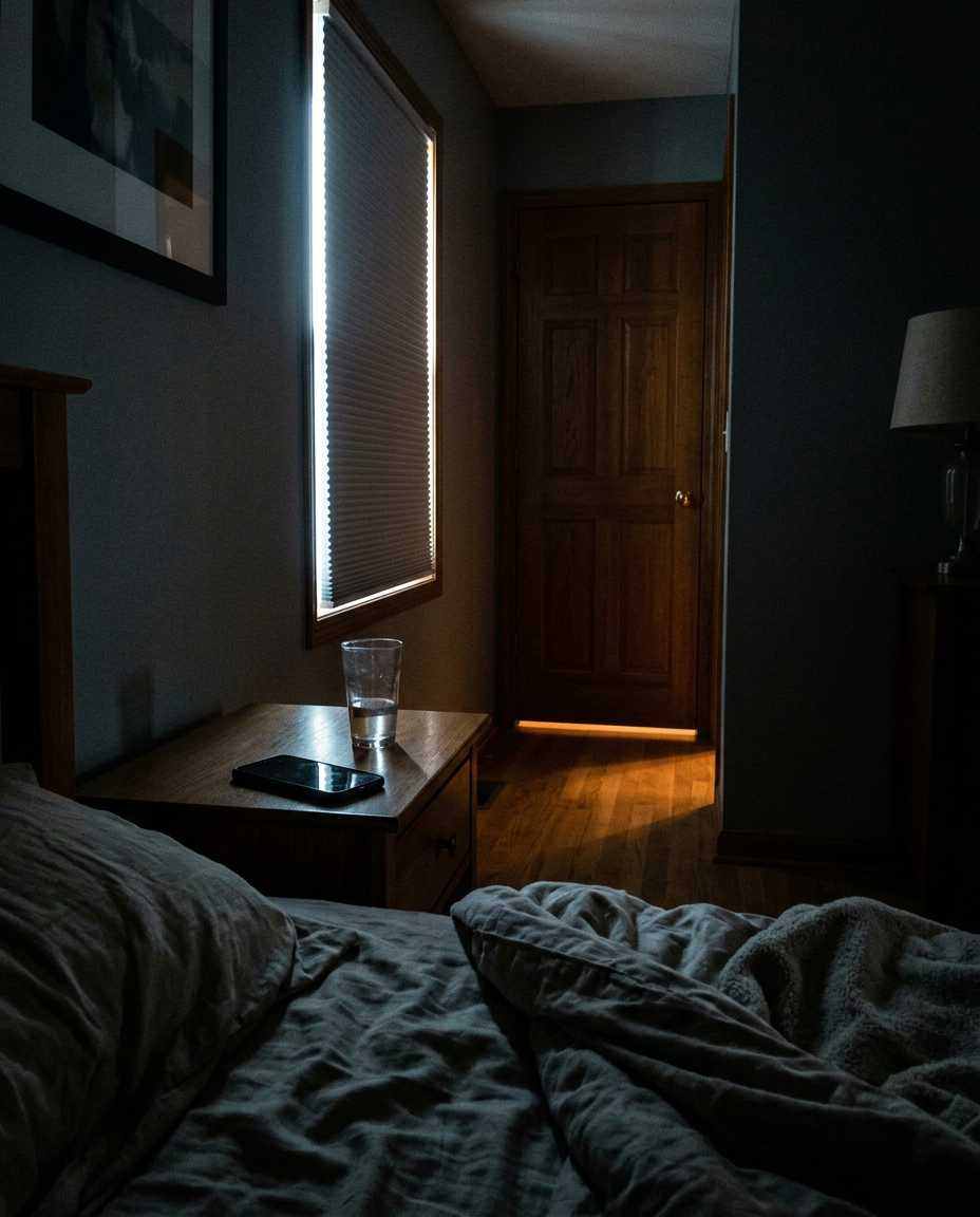 A dark bedroom seen from the pillow, a phone lying face down on the nightstand, the middle of the night